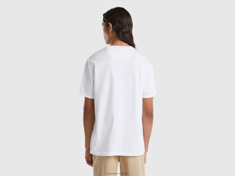 homens camiseta gola careca com estampa Benetton R8L4P4449 branco