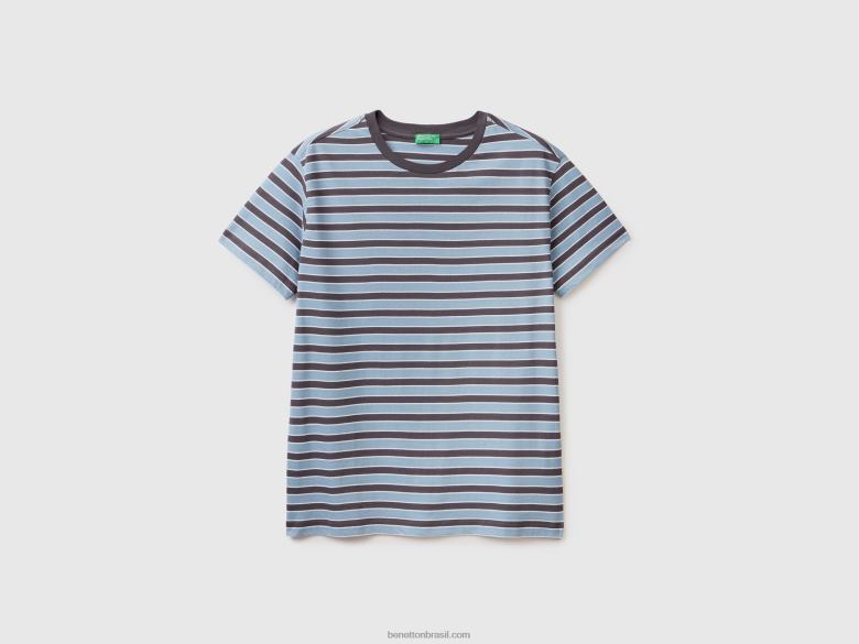 homens camiseta listrada 100% algodão Benetton R8L4P1210 azul claro
