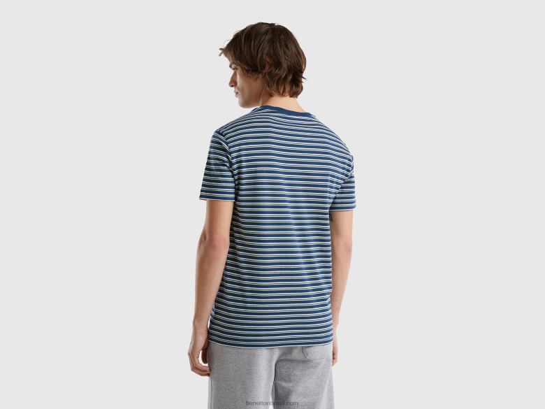 homens camiseta listrada 100% algodão Benetton R8L4P1212 azul escuro