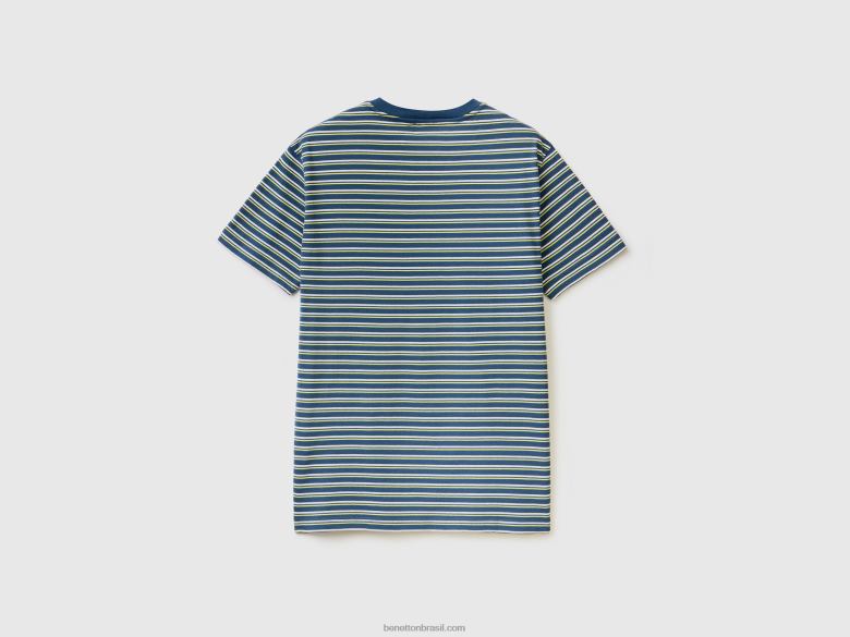 homens camiseta listrada 100% algodão Benetton R8L4P1212 azul escuro