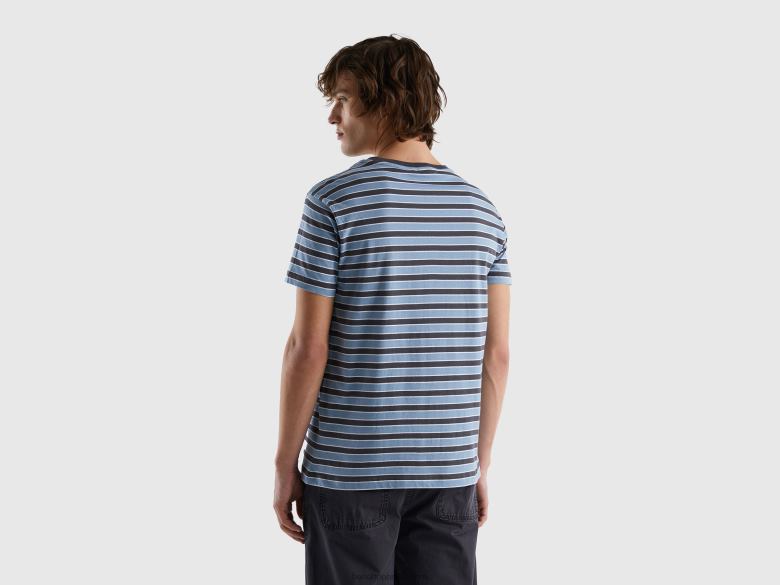 homens camiseta listrada 100% algodão Benetton R8L4P4448 azul claro