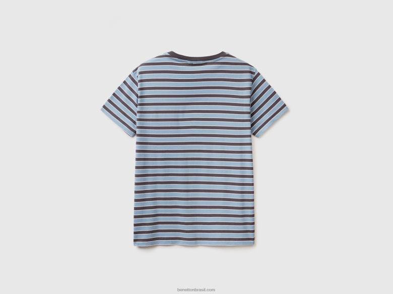 homens camiseta listrada 100% algodão Benetton R8L4P4448 azul claro
