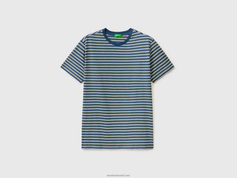 homens camiseta listrada 100% algodão Benetton R8L4P4450 azul escuro