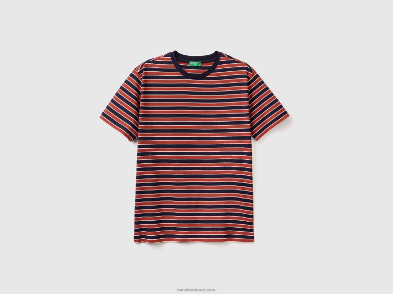 homens camiseta listrada 100% algodão Benetton R8L4P4477 branco