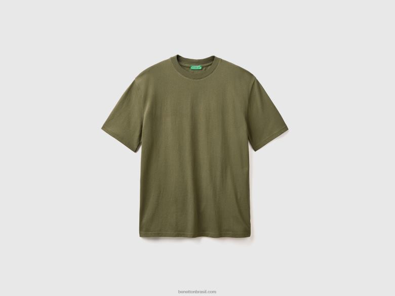 homens camiseta manga curta com fenda Benetton R8L4P1231 verde militar