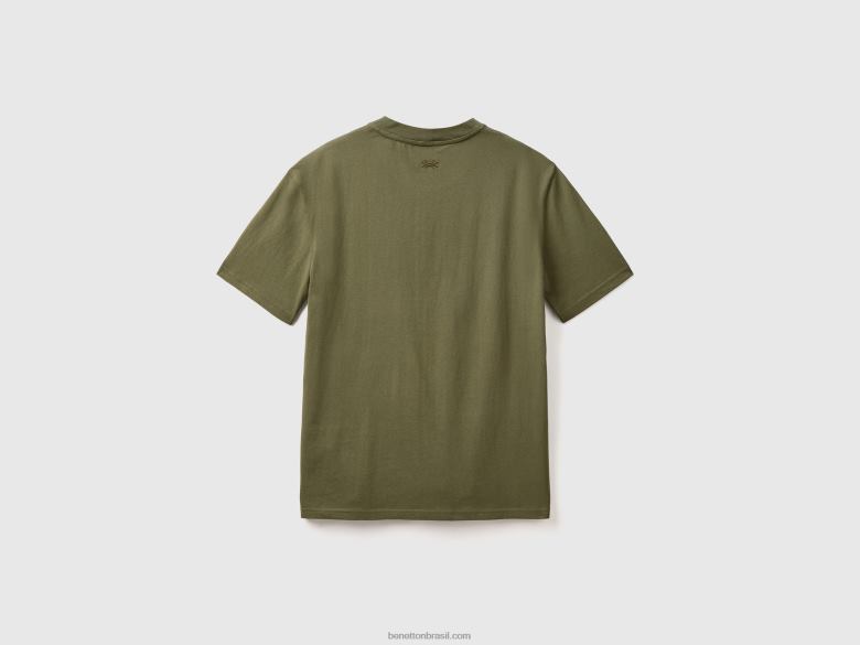 homens camiseta manga curta com fenda Benetton R8L4P1231 verde militar