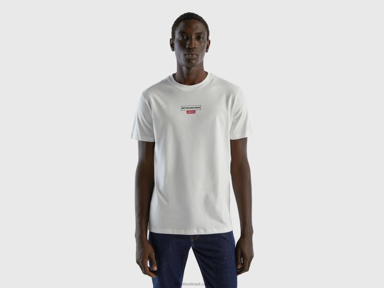 homens t-shirt com estampa em fibra longa de algodão Benetton R8L4P1246 branco cremoso