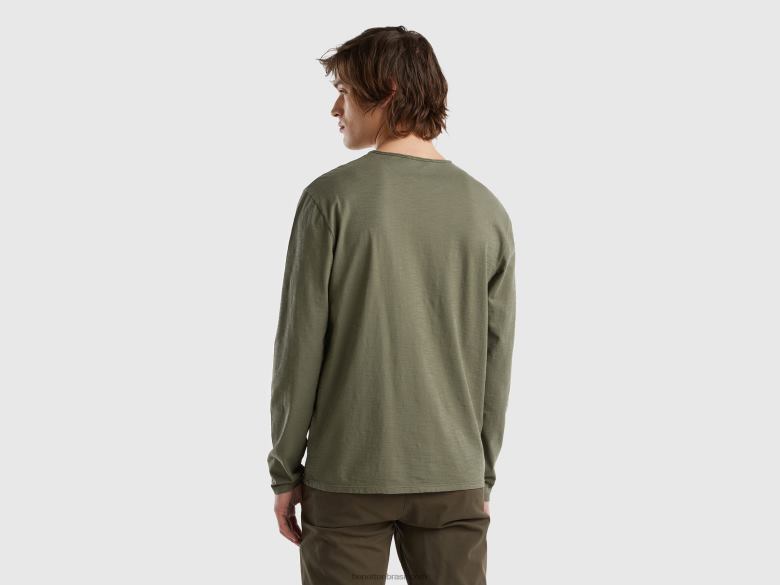 homens camiseta manga longa 100% algodão Benetton R8L4P4498 verde militar
