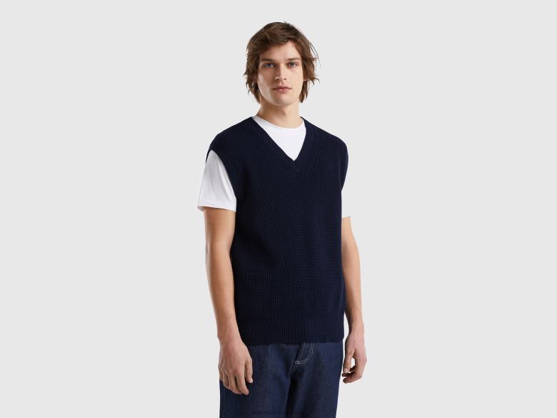 homens colete em algodão puro Benetton R8L4P4404 azul escuro