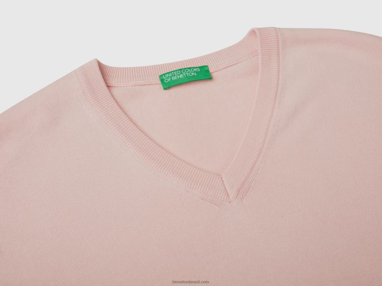 homens suéter com decote em V em puro algodão Benetton R8L4P4394 Rosa suave