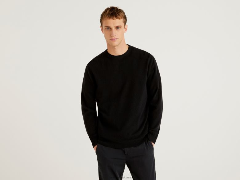 homens suéter preto de gola redonda em pura lã merino Benetton R8L4P6036 preto