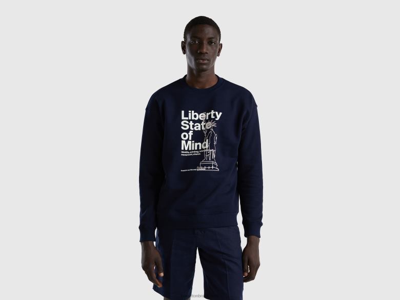 homens moletom quentinho com estampa Benetton R8L4P1311 azul escuro