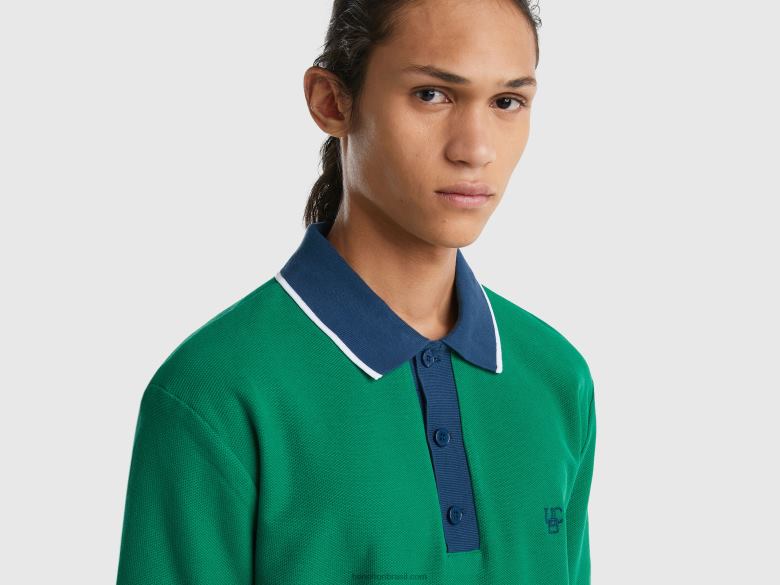 homens polo de manga curta com bainha contrastante Benetton R8L4P1377 verde escuro