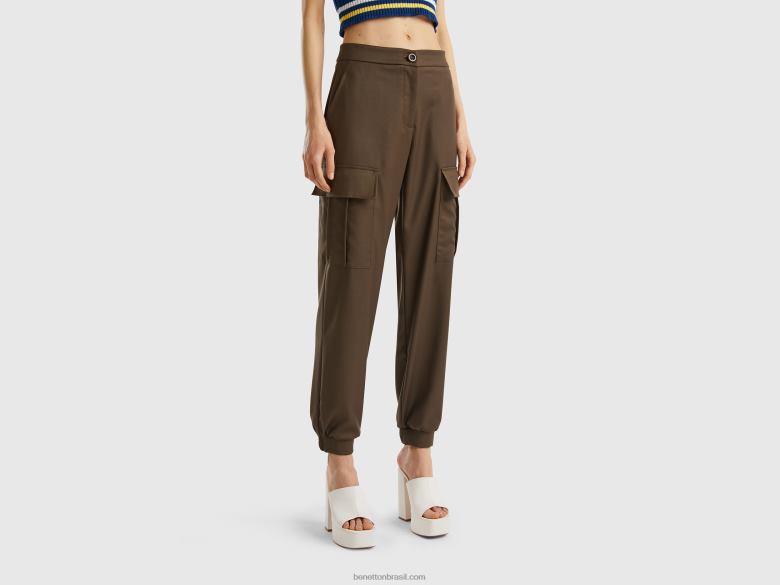 mulheres calças cargo esvoaçantes Benetton R8L4P4098 verde militar