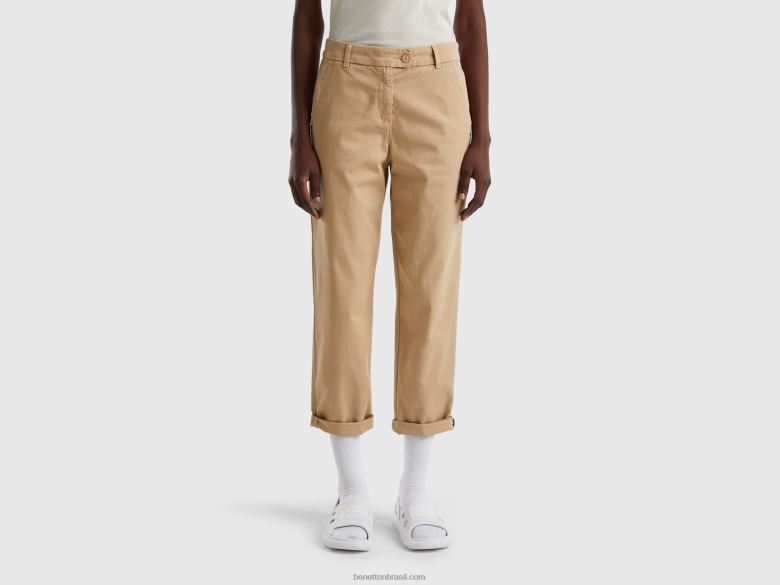 mulheres calças chino de algodão elástico Benetton R8L4P583 camelo