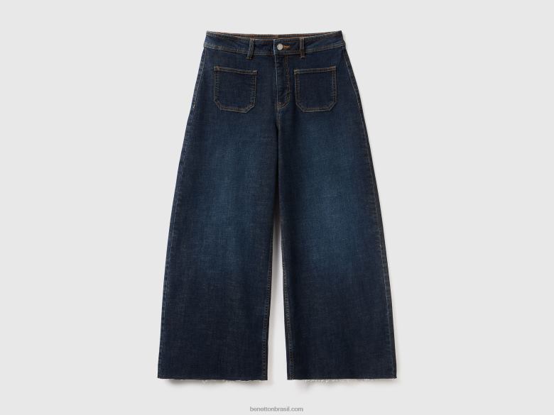 mulheres jeans cropped com perna larga Benetton R8L4P4135 azul