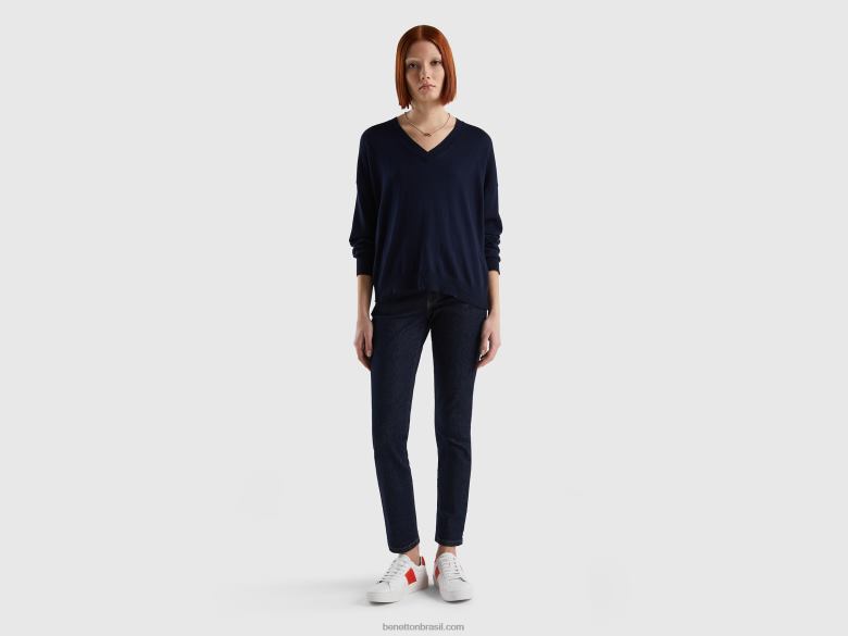 mulheres jeans slim fit em algodão elástico Benetton R8L4P4159 azul escuro