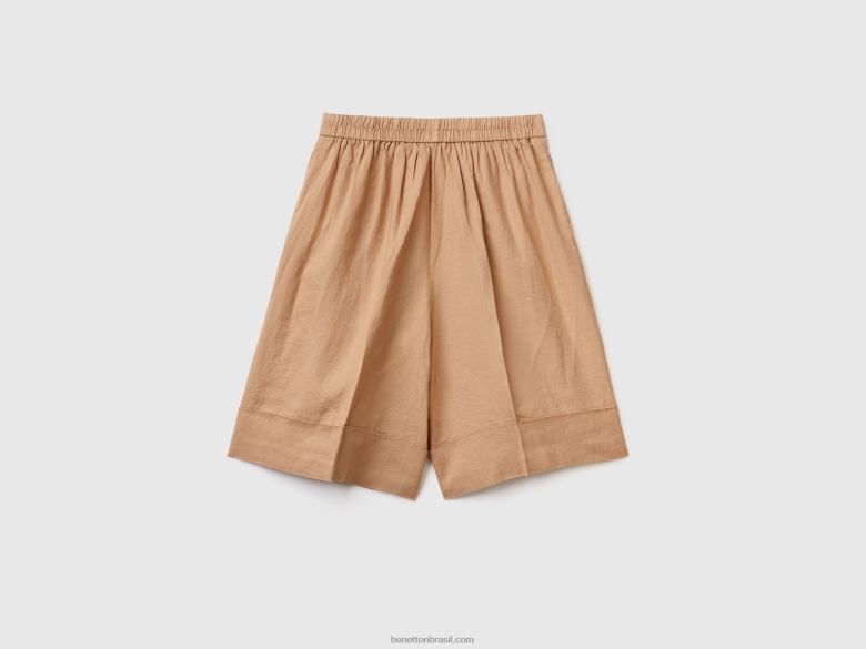 mulheres Bermudas 100% linho com punhos Benetton R8L4P4081 camelo