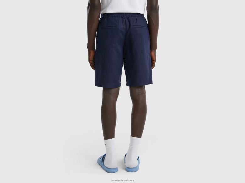 mulheres bermudas 100% linho Benetton R8L4P1454 azul escuro