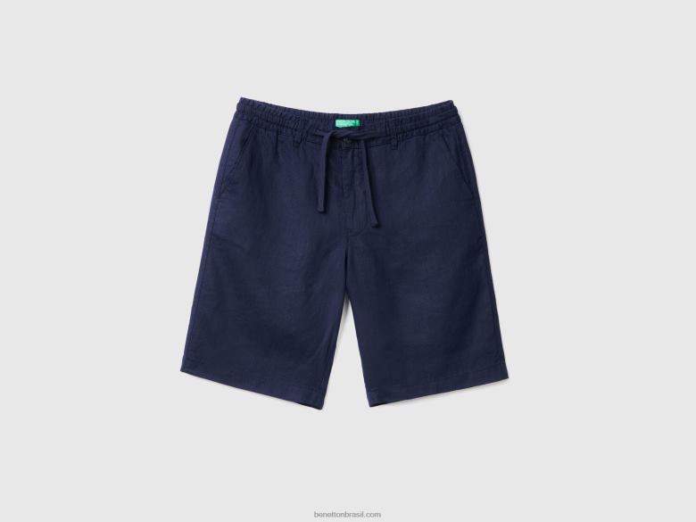 mulheres bermudas 100% linho Benetton R8L4P1454 azul escuro