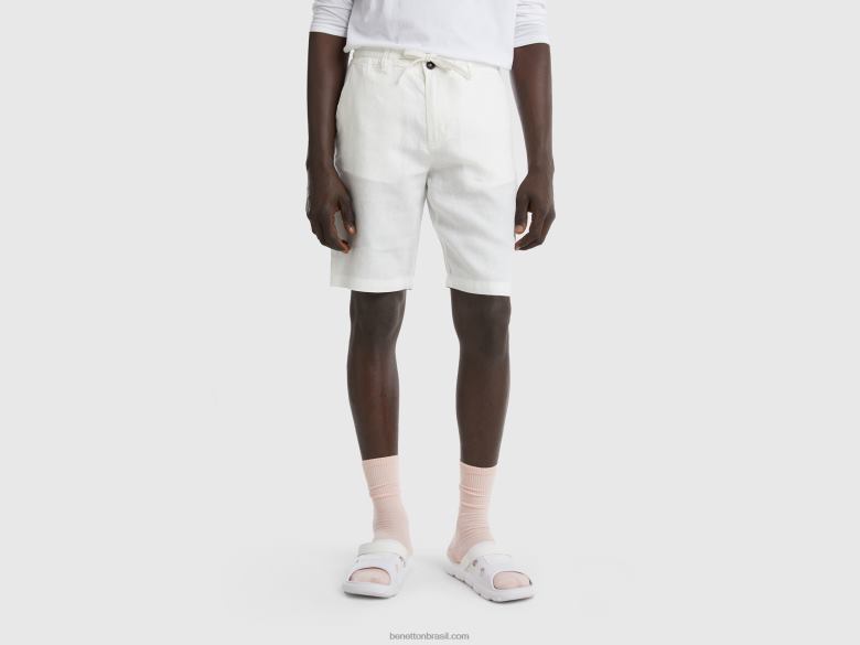 mulheres bermudas 100% linho Benetton R8L4P4659 branco cremoso