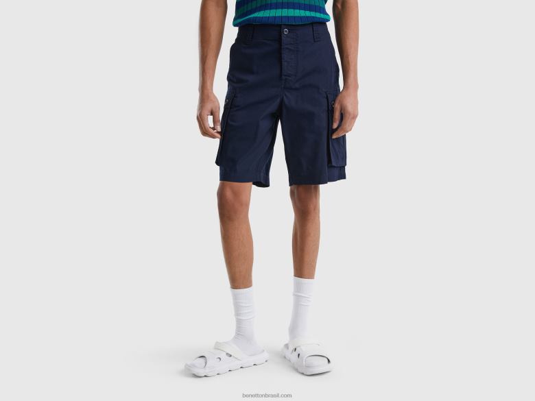 mulheres bermudas cargo em puro algodão Benetton R8L4P1447 azul escuro