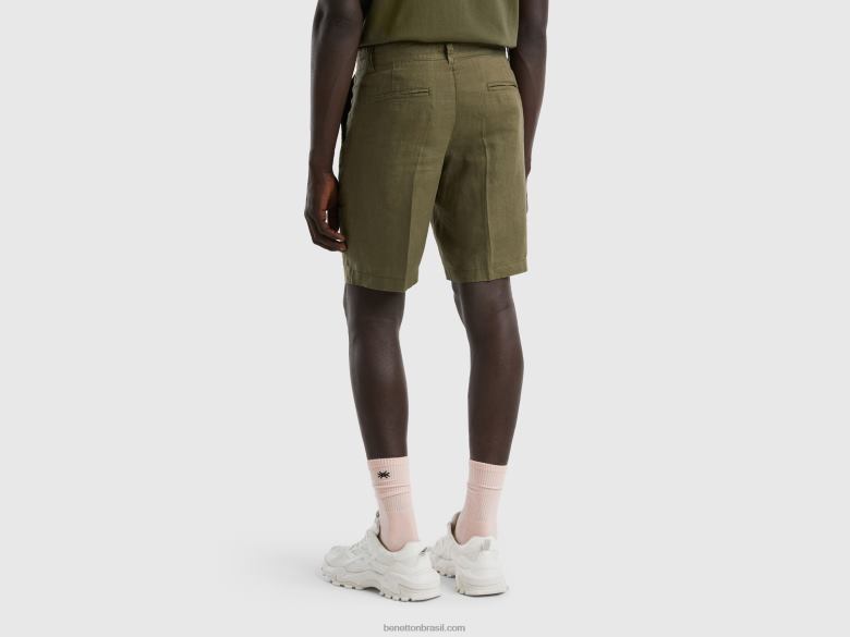 mulheres bermudas em linho puro Benetton R8L4P4631 verde militar
