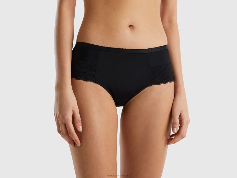 mulheres cueca culotte cintura alta com renda Benetton R8L4P1074 preto