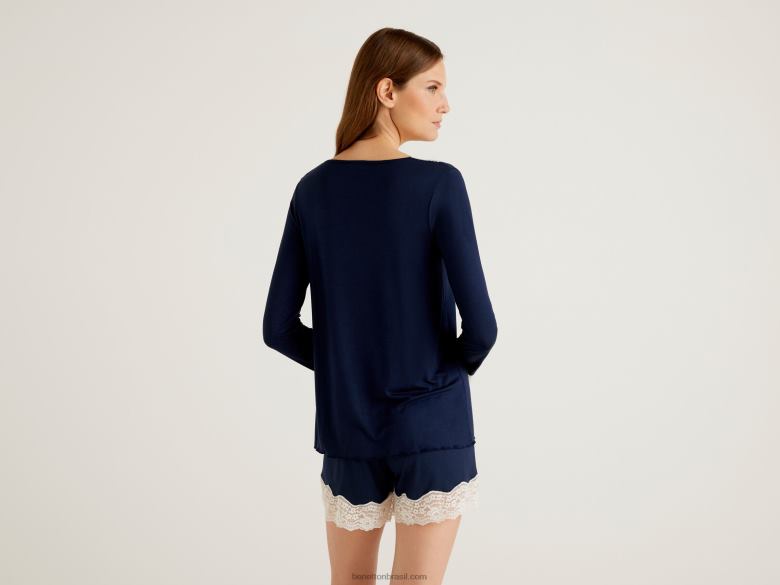 mulheres top com detalhe em renda Benetton R8L4P1069 azul escuro