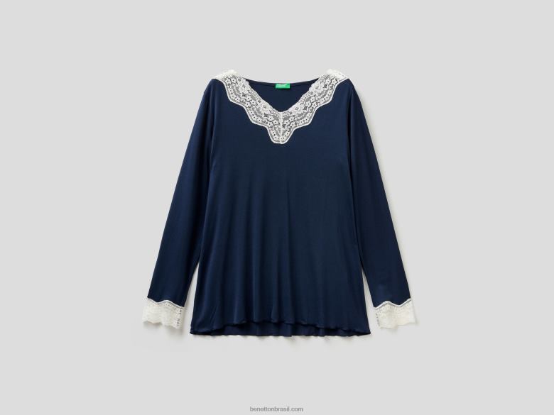 mulheres top com detalhe em renda Benetton R8L4P1069 azul escuro