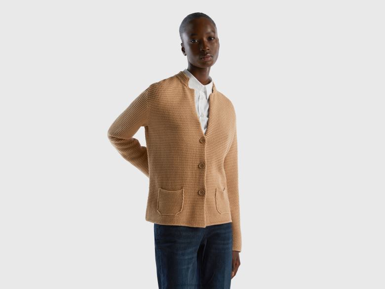 mulheres Jaqueta malha 100% algodão Benetton R8L4P3658 camelo