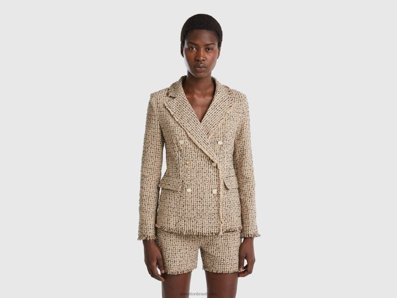 mulheres blazer trespassado em tweed Benetton R8L4P256 bege