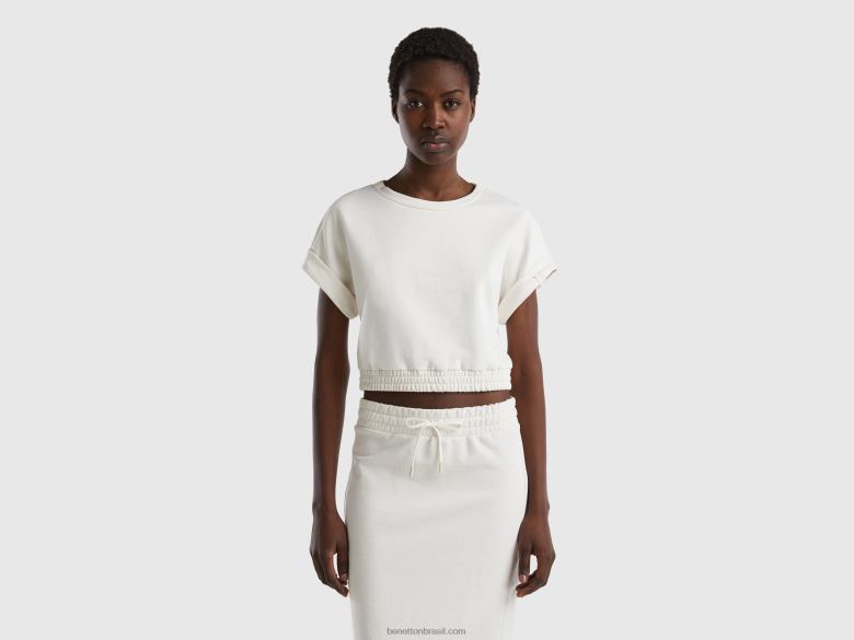 mulheres moletom manga curta Benetton R8L4P4201 branco cremoso