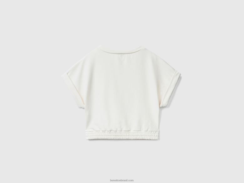 mulheres moletom manga curta Benetton R8L4P4201 branco cremoso