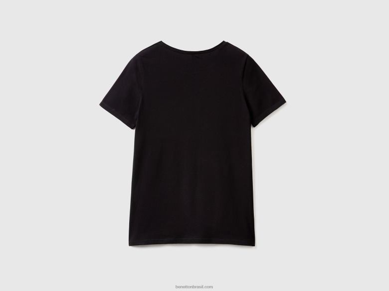 mulheres t-shirt de algodão orgânico super elástico Benetton R8L4P948 preto