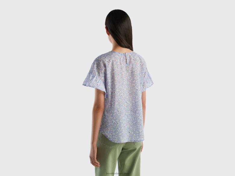 mulheres blusa estampada em puro algodão Benetton R8L4P3962 azul claro