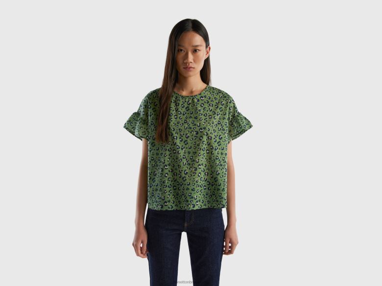 mulheres blusa estampada em puro algodão Benetton R8L4P3978 verde