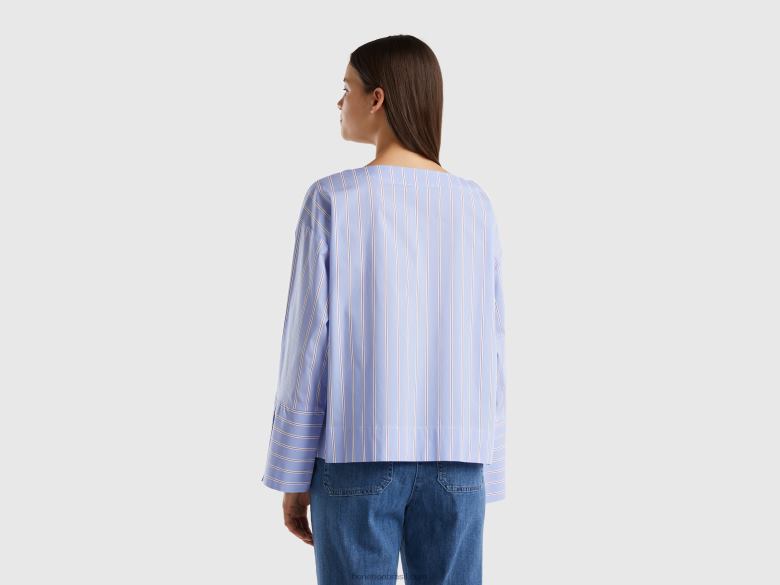 mulheres blusa listrada em mescla de algodão elástico Benetton R8L4P3975 azul claro