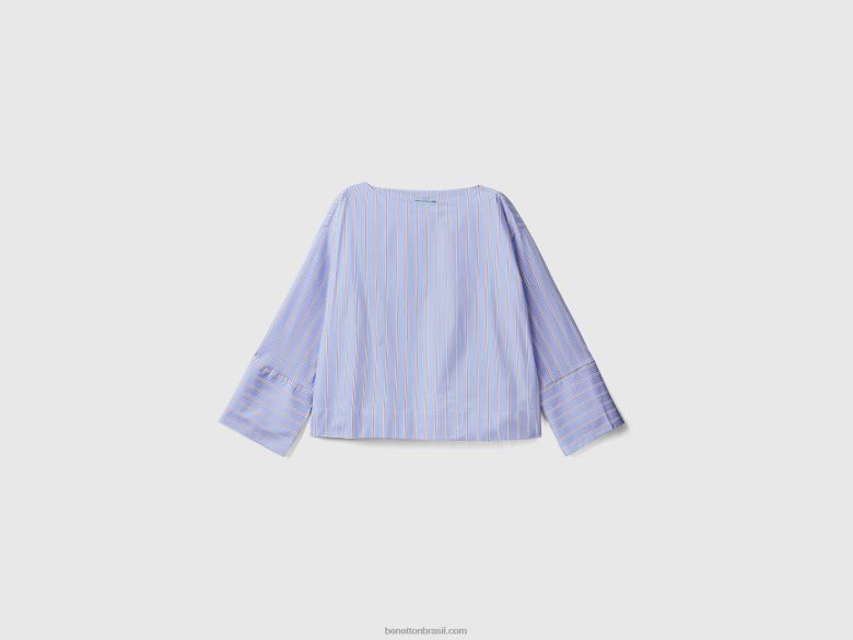 mulheres blusa listrada em mescla de algodão elástico Benetton R8L4P3975 azul claro