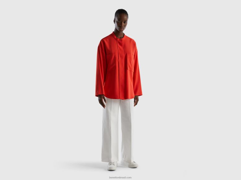 mulheres camisa de ajuste confortável com bolsos Benetton R8L4P3968 vermelho