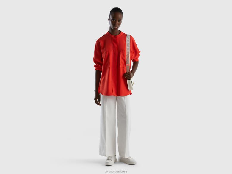 mulheres camisa de ajuste confortável com bolsos Benetton R8L4P3968 vermelho
