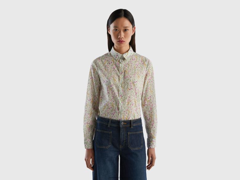 mulheres camisa estampada 100% algodão Benetton R8L4P3965 branco