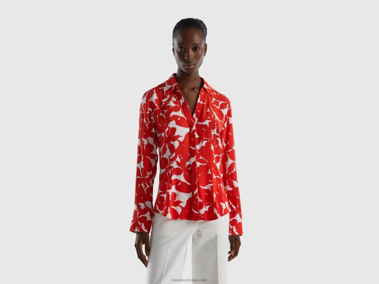 mulheres camisa floral em viscose pura Benetton R8L4P504 vermelho