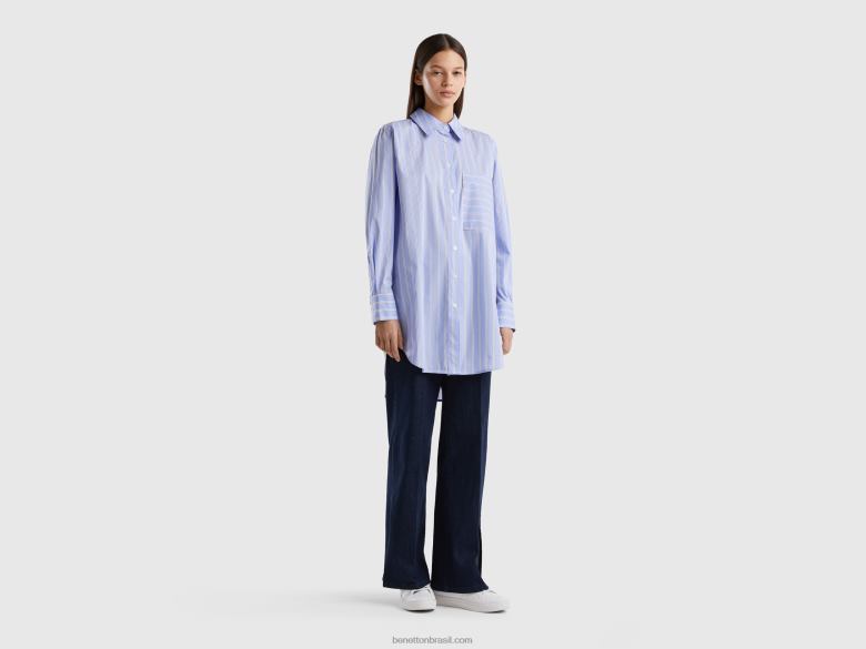 mulheres camisa listrada long fit confortável Benetton R8L4P516 azul claro