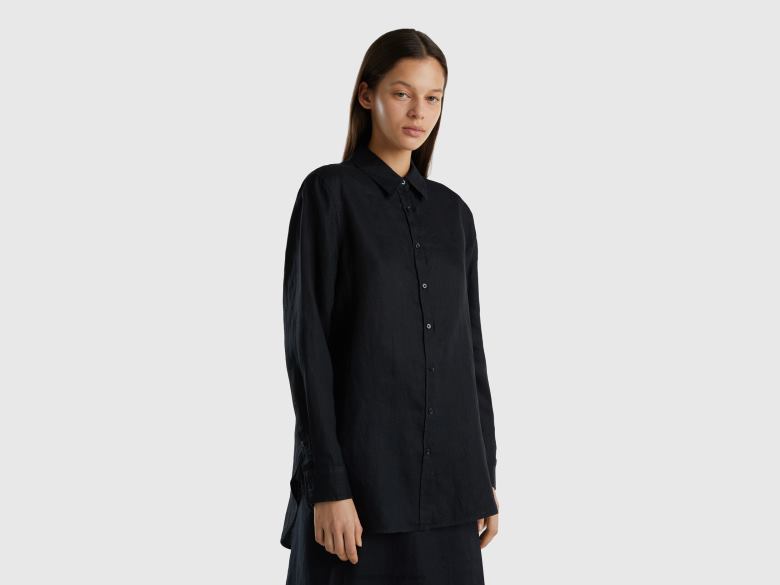 mulheres camisa longa em linho puro Benetton R8L4P3964 preto