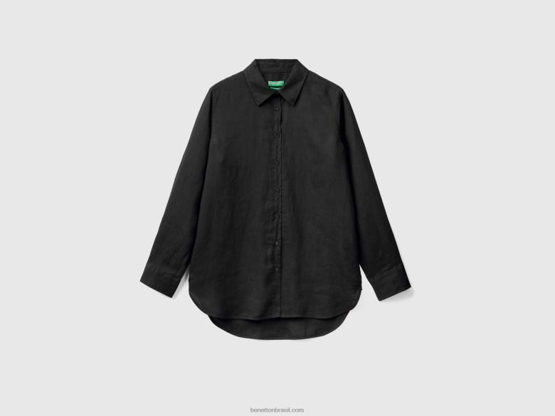 mulheres camisa longa em linho puro Benetton R8L4P510 preto