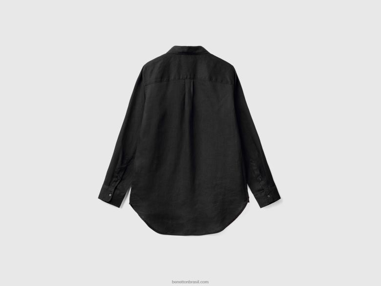 mulheres camisa longa em linho puro Benetton R8L4P510 preto