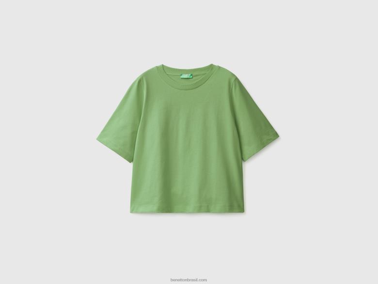 mulheres T-shirt 100% algodão com caimento quadrado Benetton R8L4P378 verde