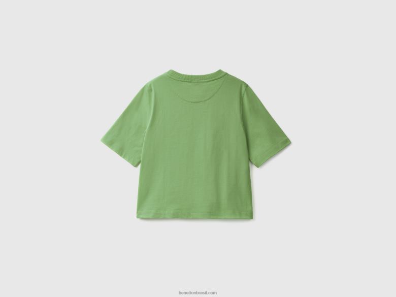 mulheres T-shirt 100% algodão com caimento quadrado Benetton R8L4P378 verde