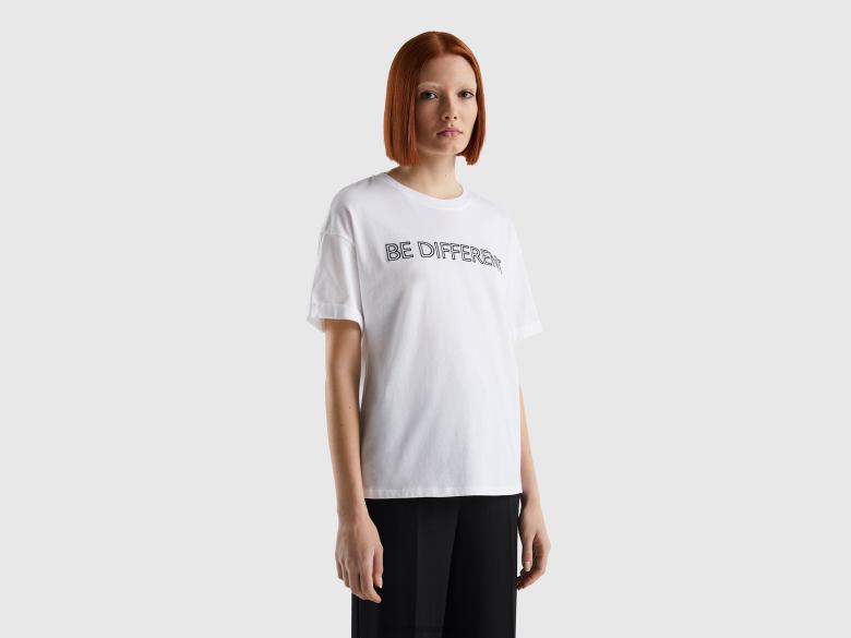 mulheres T-shirt 100% algodão com slogan Benetton R8L4P304 branco